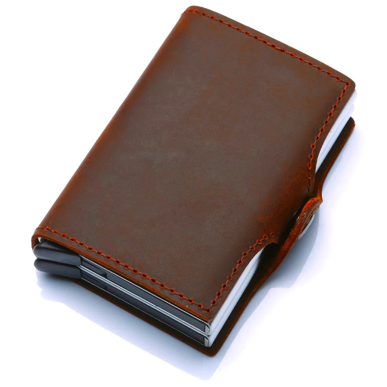 Credit Card Holder Genuine Leather Wallet With Two Aluminum RFID Blocking Holders Antimagnetic Boxes
