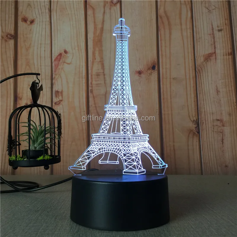 Custom The Eiffel Tower Acrylic 7 Colorful 3D Optical Illusion Night Light LED Table Desk Lamp