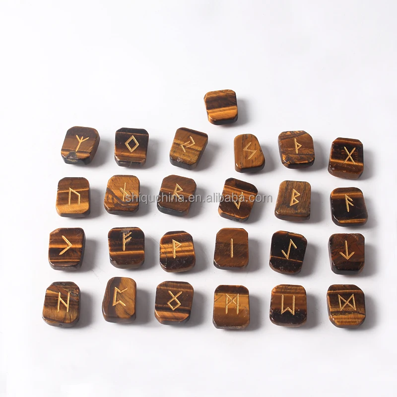 New product natural tiger eye material engraved gold rune three size 25pcs set with velvet bag rune stone divination