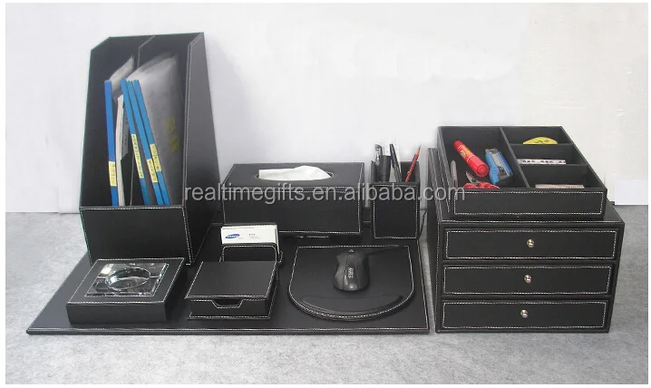 
Luxury Black Business Office Table Organizer 6 8 10 Pieces PU Leather Desk Accessories Set 