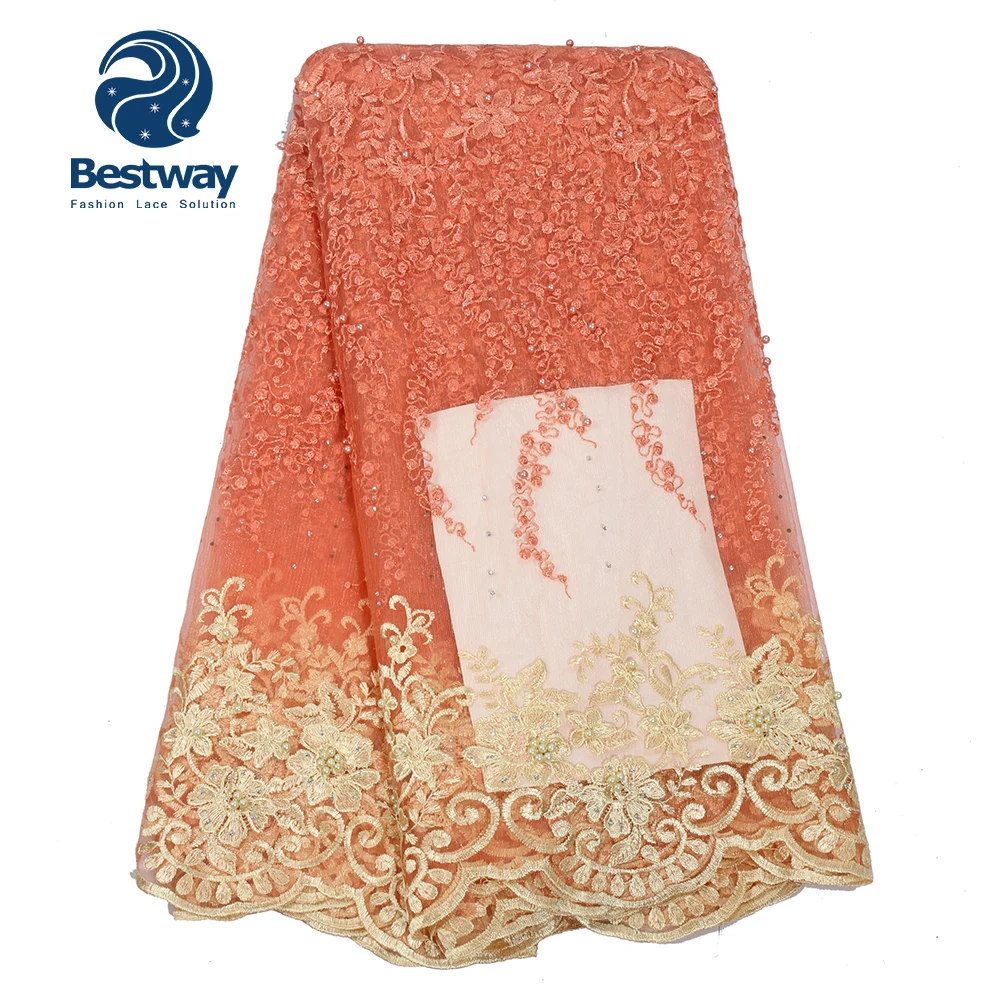 Bestway Lace and embroidery fabric 2018 Newest Nigeria cheap French lace with beads For Women Dresses FL0328