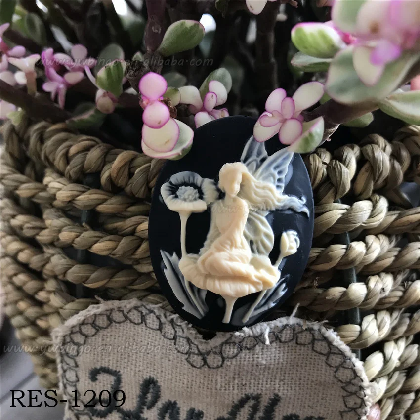 Fairy Cameo Nymph Resin Cameo Black And Lvory Cabochon 40x30mm Fantasy Finding Flora Fauna Craft Supply RES-1209