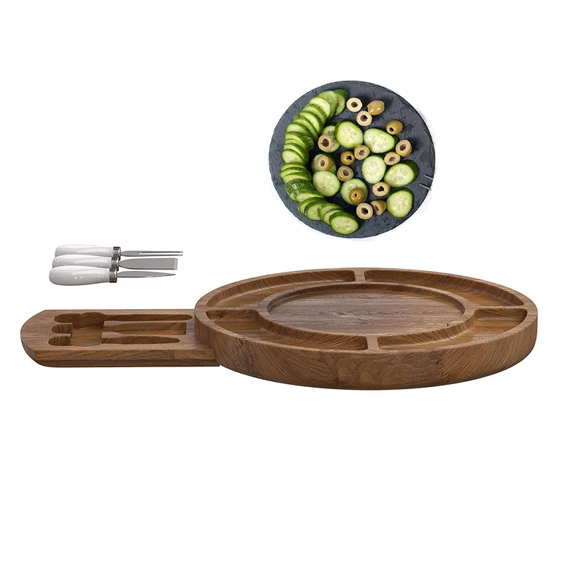 Доска для сыра из дерева акации, с круглым сланцем, доска для колбасы, Сервировочная доска для сыра с выдвижным ящиком