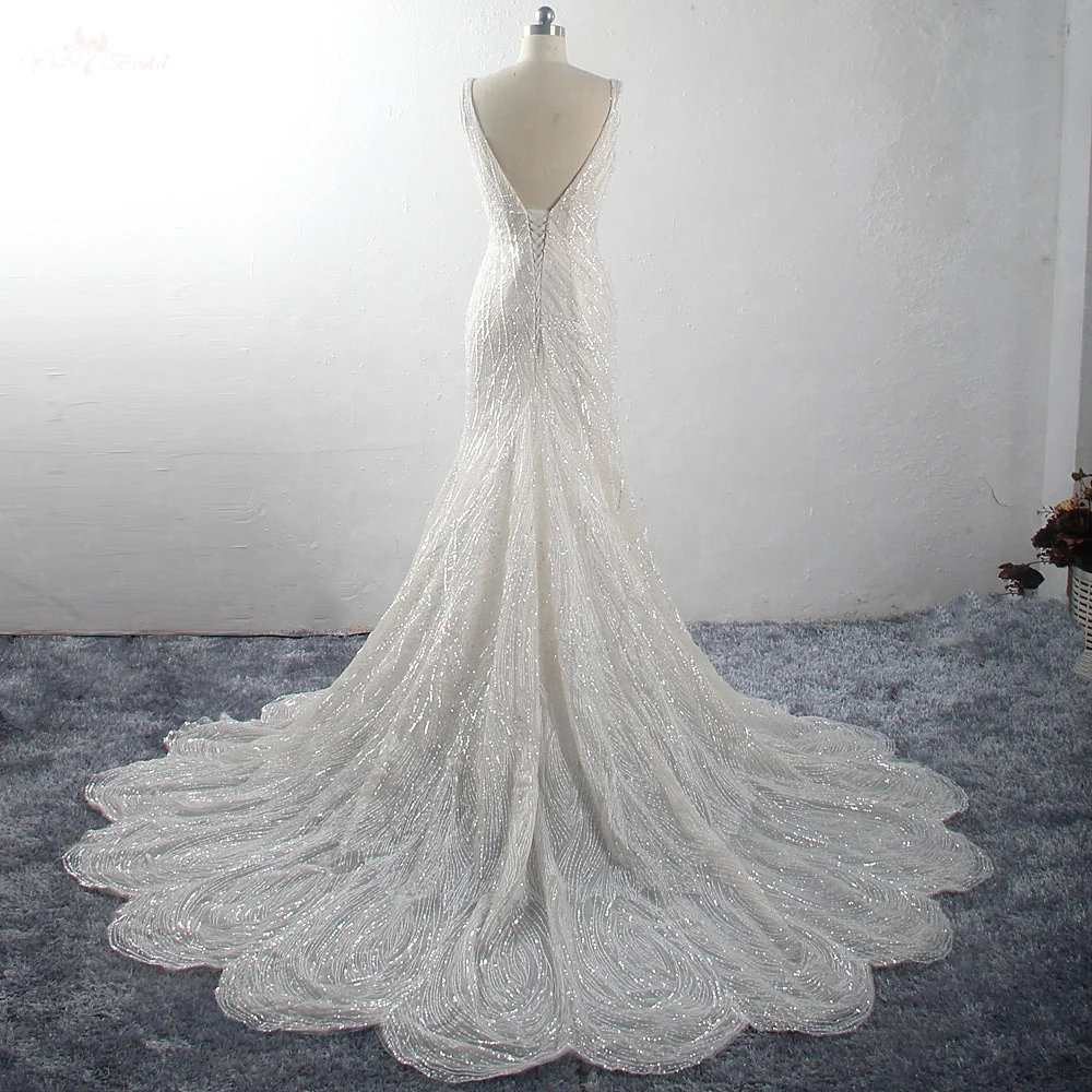 LZ300 Sleeveless Fan Tail Bridal Gown Light Champagne Deep V Neck Blinking Sequin Mermaid Wedding Dress