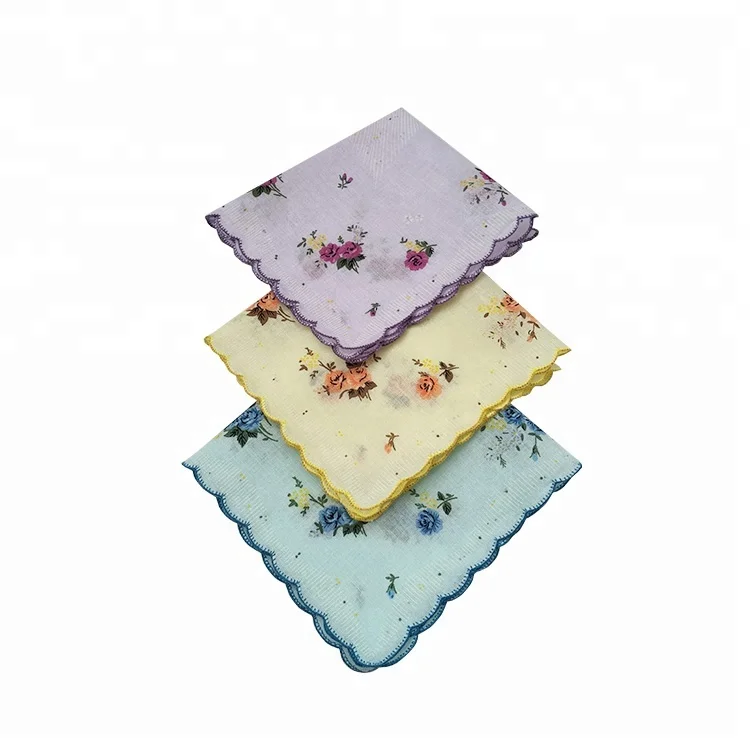 Wholesale 100% Cotton Scallop Edge Ladies Mini sultana and golden scarf cloth Handkerchief