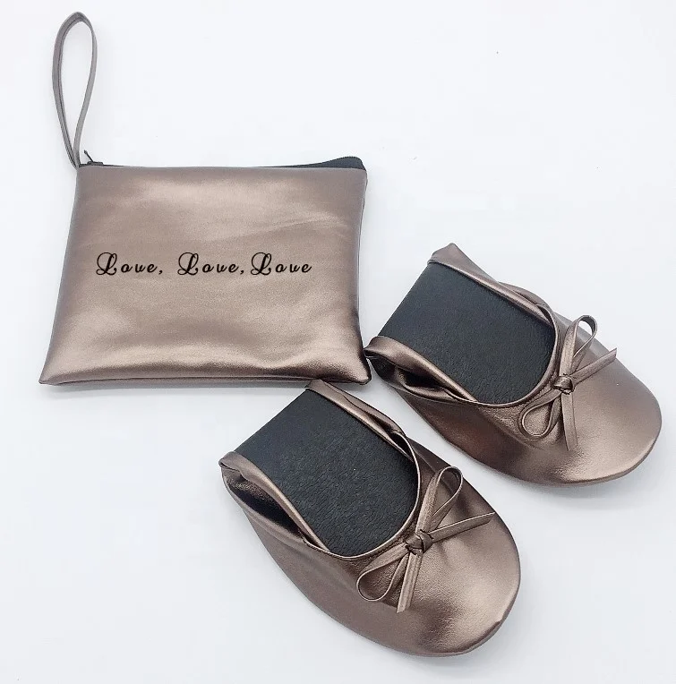 Ladies folding shoes wedding dance shoes logo printed ballet flat with bag