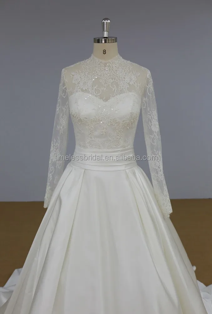 Newest design 2018 wedding dress beaded lace corset long sleeves high neck bridal gown