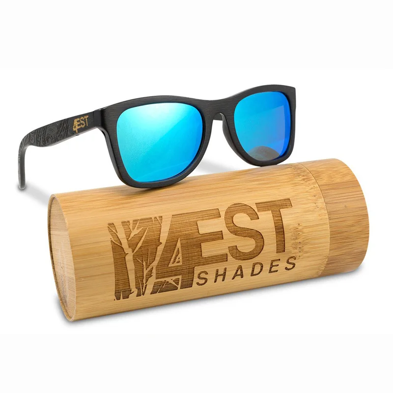 Custom logo classic luxury mirror  polarized  forest bamboo sunglasses with round  bamboo  box