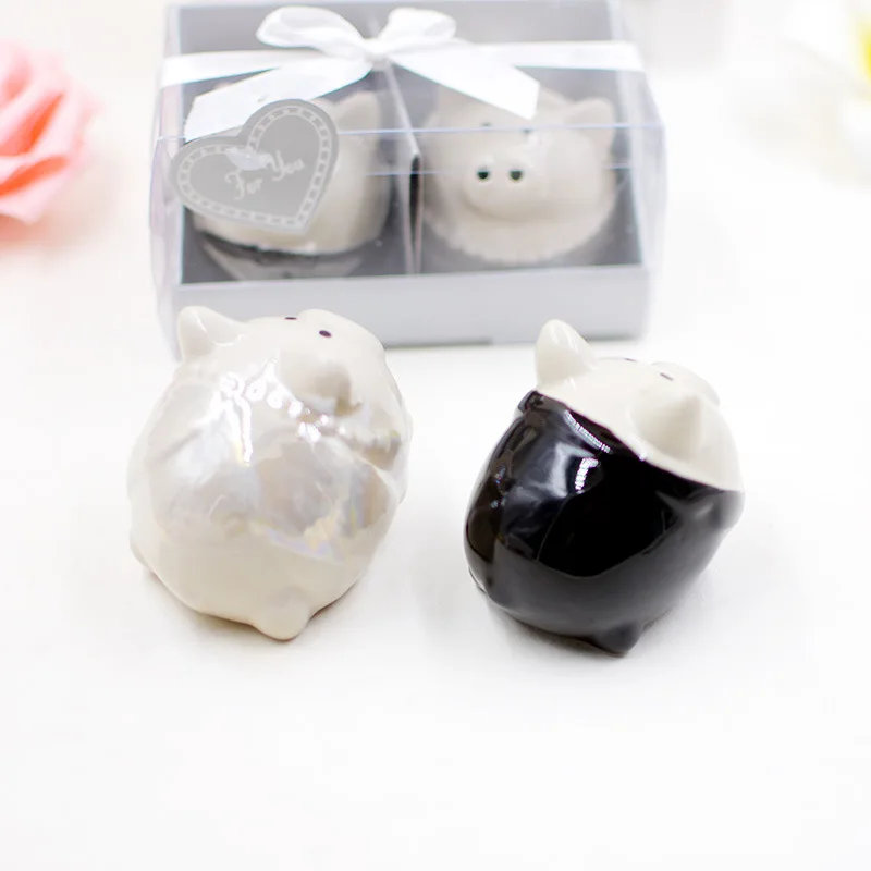 Wedding Door Gifts White and Black Pig Ceramic Salt and Pepper Shaker