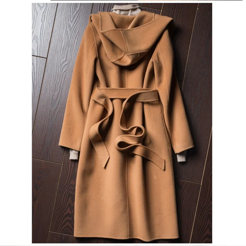 P18B151CH women cashmere wool hoodie coat with belt for ladies