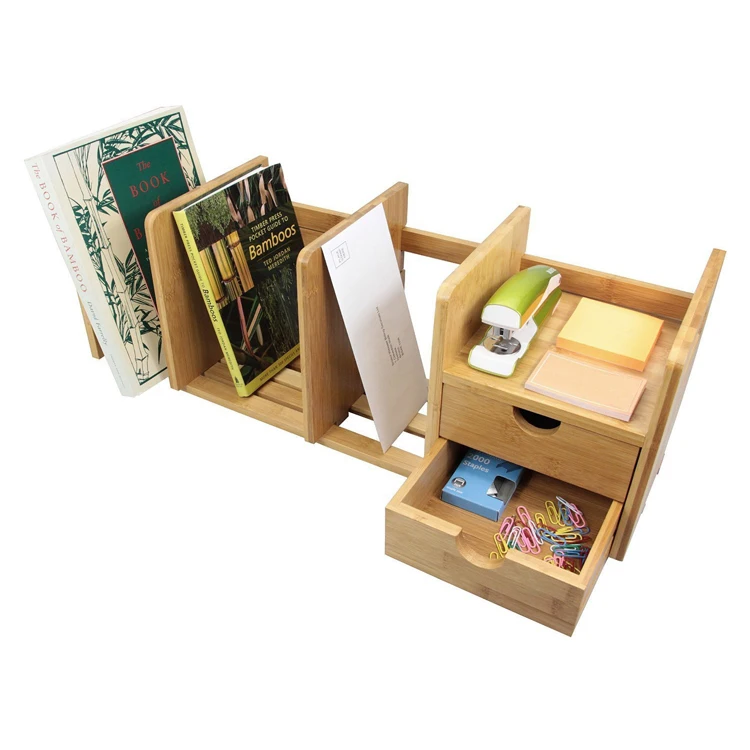 Natural Bamboo Desk Organizer with Extendable Storage and Two Drawers for Office