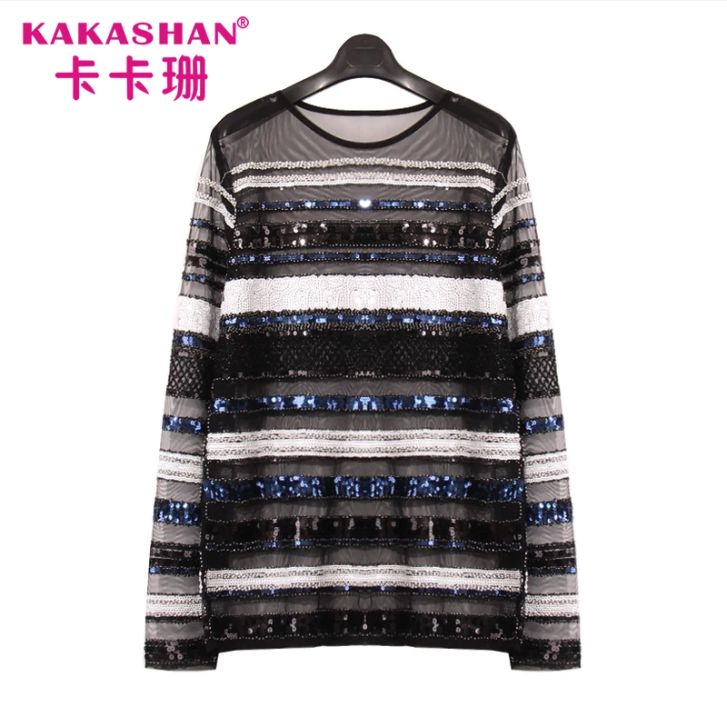 
New Design Ladies Long Sleeve See Through Mesh Beaded Sequin Blouse 