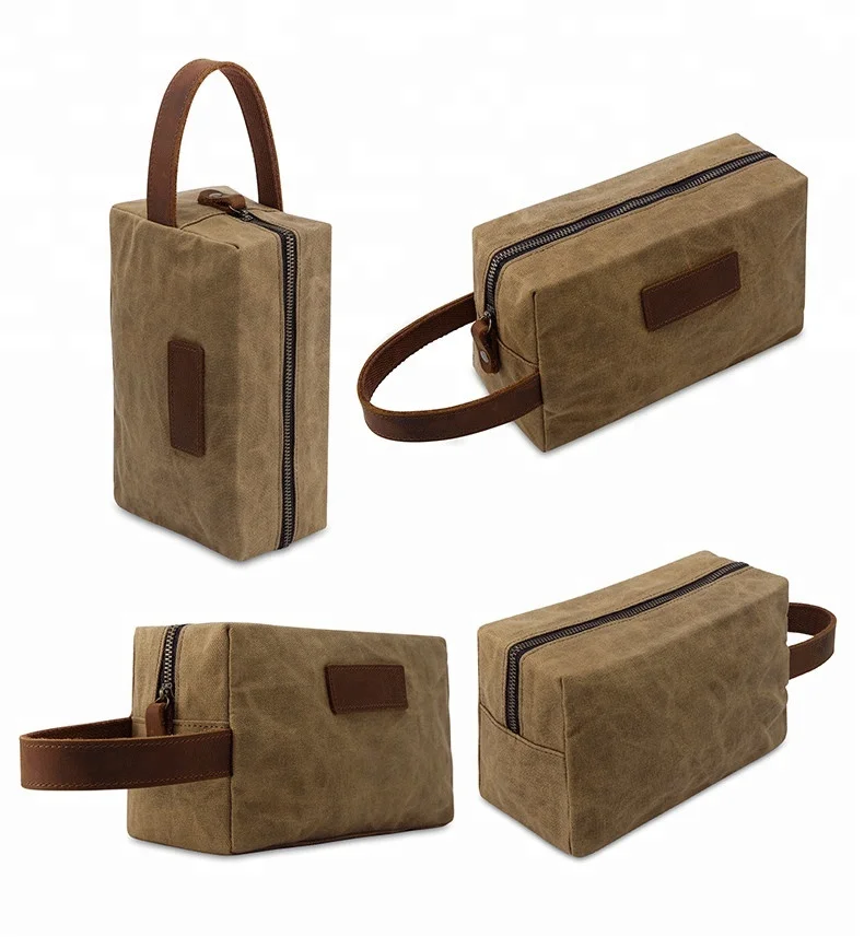 Travel waterproof men toiletry leather outdoor waxed canvas cosmetic zipper bags designer