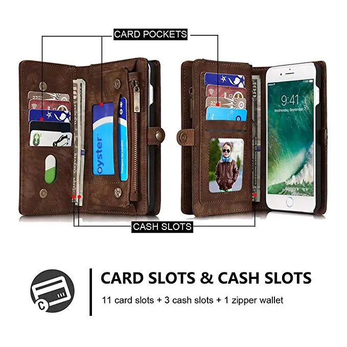 Leather Wallet Magnetic Phone Case Detachable Case with Card Holder Flip Cover for iPhone 7/7plus/8/8plus/XR/XS MAX/XS
