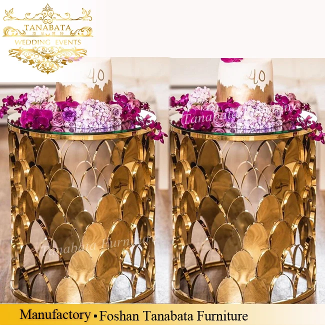 Fashion design fish scale base mirrored top round wedding gold tables