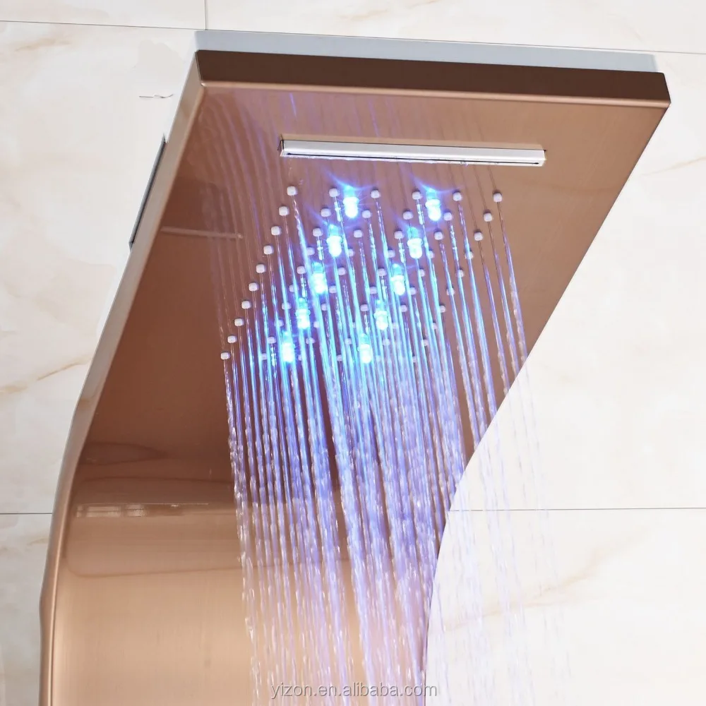 LED Shower Panel Column Rose Golden Waterfall Rain Shower Head Massage Tub Spout Hand Spray