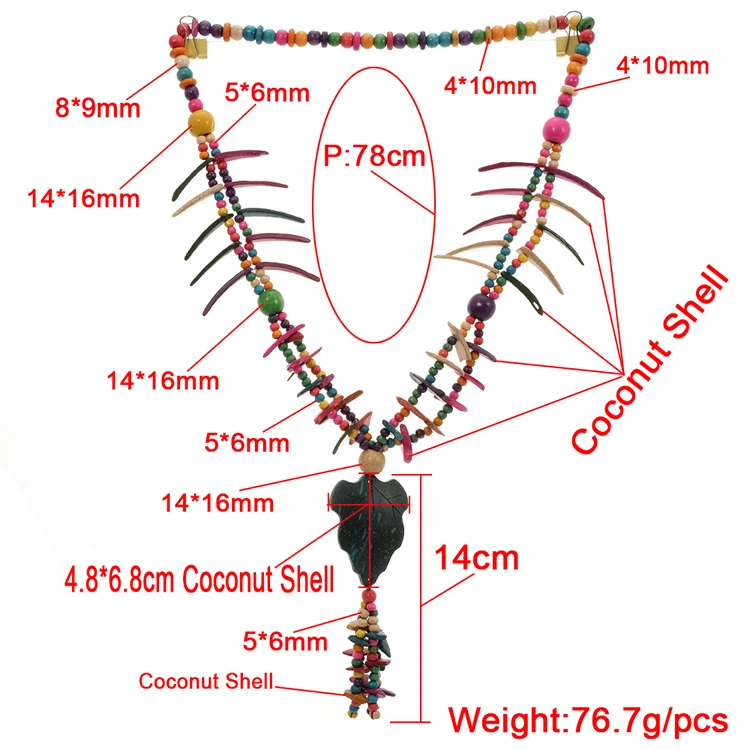 Wholesale Multi Color Coconut Shell Bohemian Necklace for Women Knit Handmade Wood Beads Ethnic Long Tree Leaf Pendant Necklace
