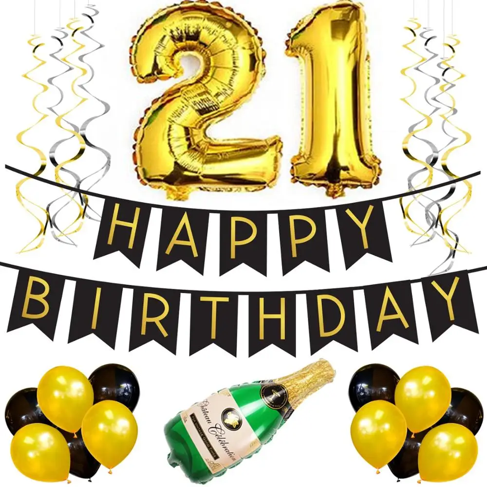 21st Birthday Party Pack Black  Gold Happy Birthday Bunting Poms  21st Birthday Party Supplies