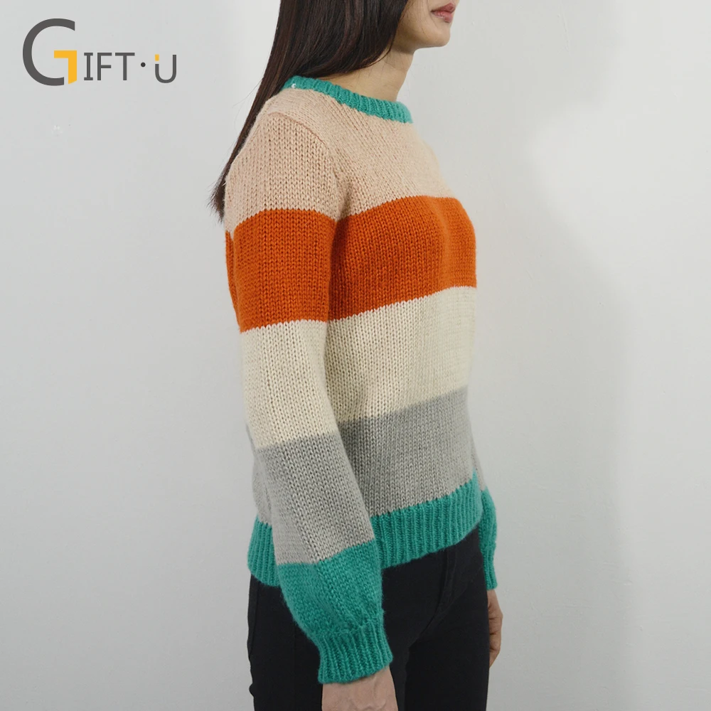 
Giftu 86040# Women Cute Stripe Knitted Sweaters Lantern Sleeve Pullover 