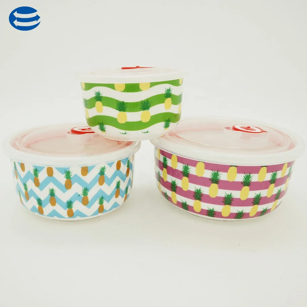 
Hot sale set of 3 ceramic round fresh bowl porcelain Soup Bowl Fruit lunch box With Cover 