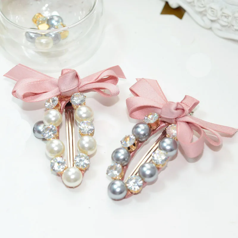 pearl rhinestone and dacron bow tie Alloy iron clip hair barrette for bangs