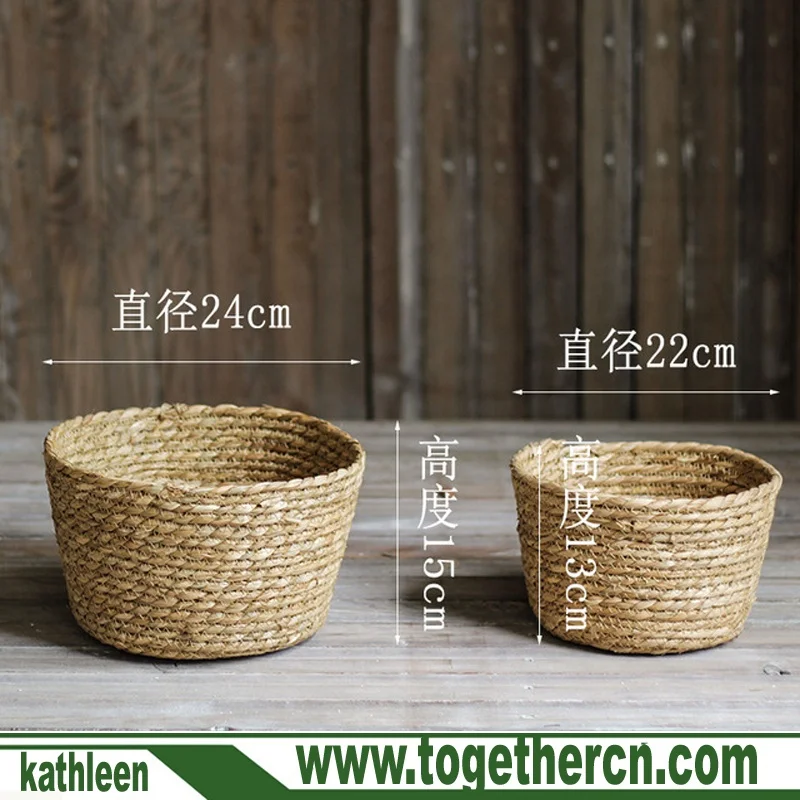 
Beige Jute Striped Handwoven Natural Seagrass Basket for Storage or Planter 