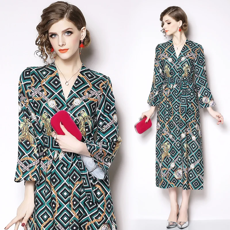 
Wholesale Women New Fashion V Neck Wide Cuff Wrist Long Sleeve Plaid Print Long Dress 