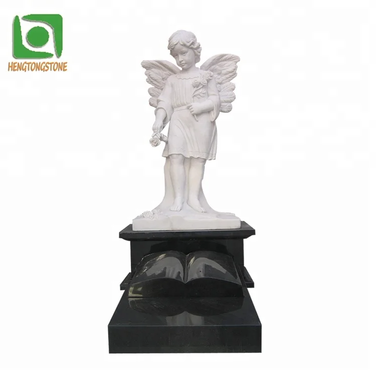 Cemetery White Marble Child Angel Statue Tombstone With Black Granite Bible Base Headstone