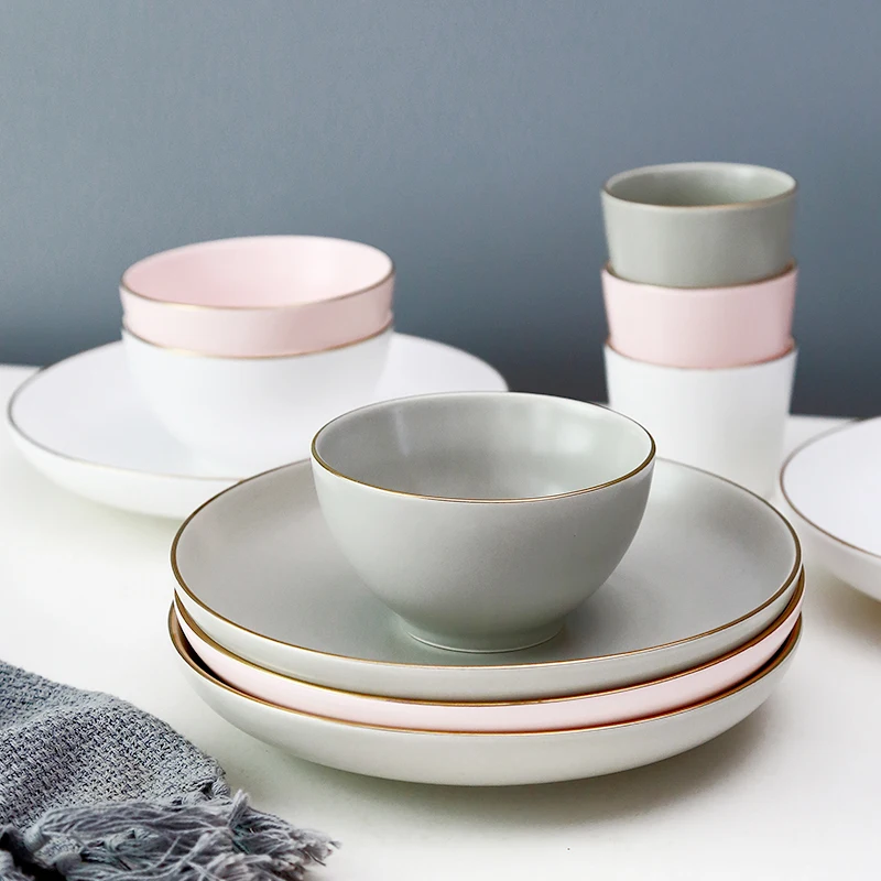 European style pink grey glazed porcelain charger plates with gold rim