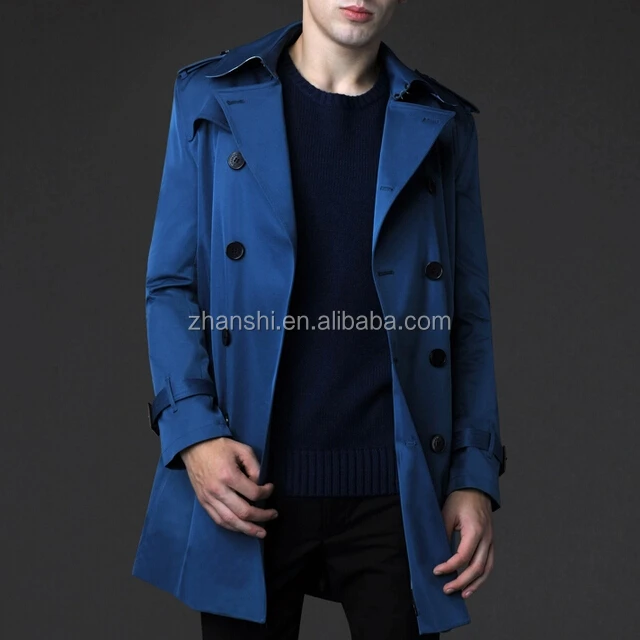 Customized Top Brand European Style Belt Man Slim Blue Trench Coat