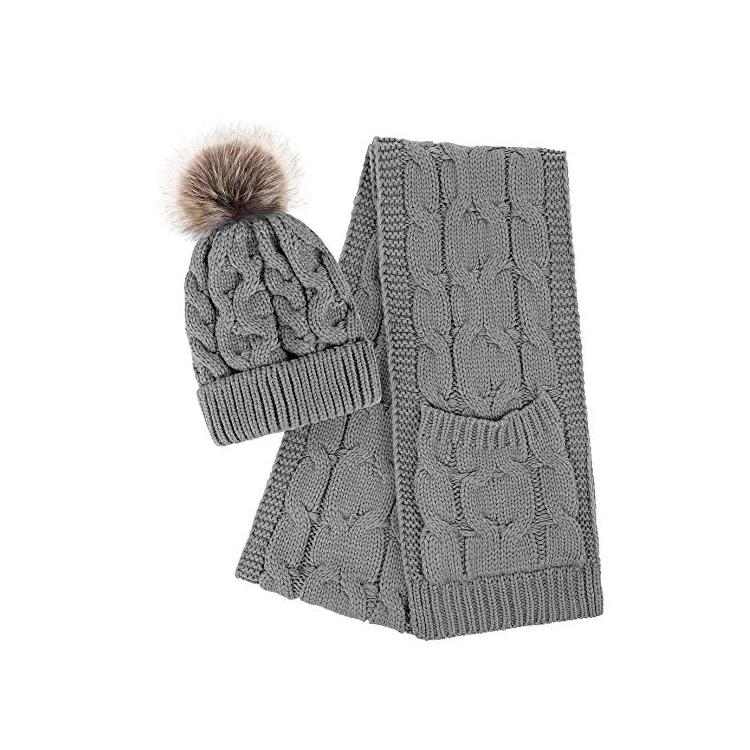 Warm Winter Knit Pom Pom Beanie Hat and Scarf Set, 2-Pieces Winter Knitted Set for Men and Women