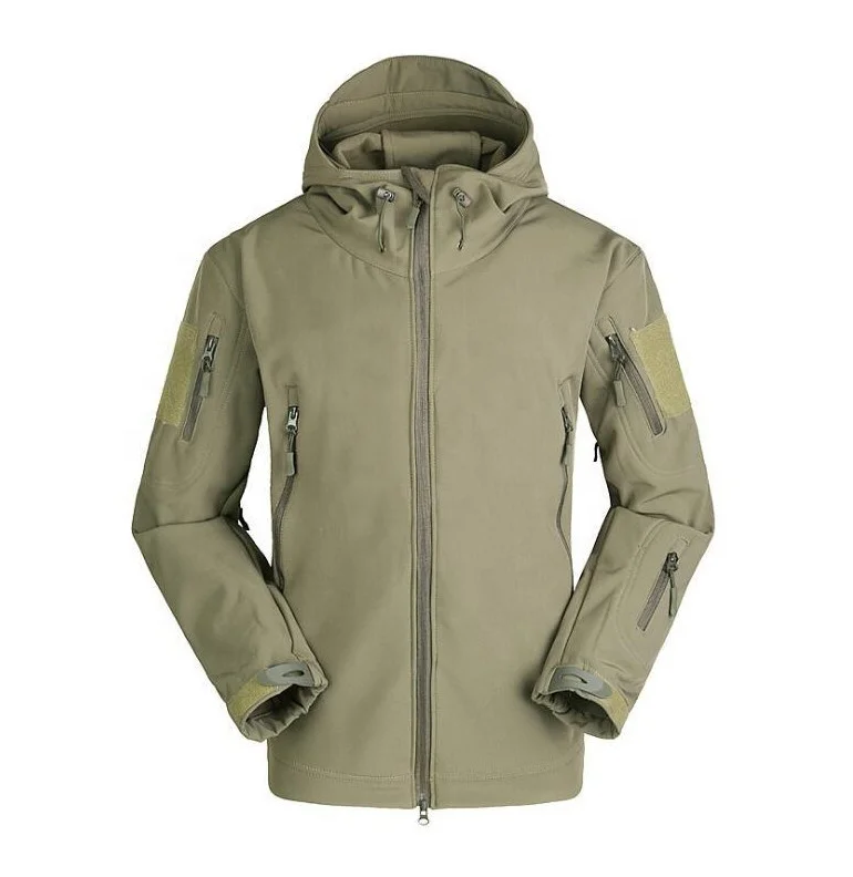 Men Water Repellent Tactical Softshell Jacket with Hood Stand Waterproof Jacket Woven Printed Regular Clothing Length Dyed S-3XL