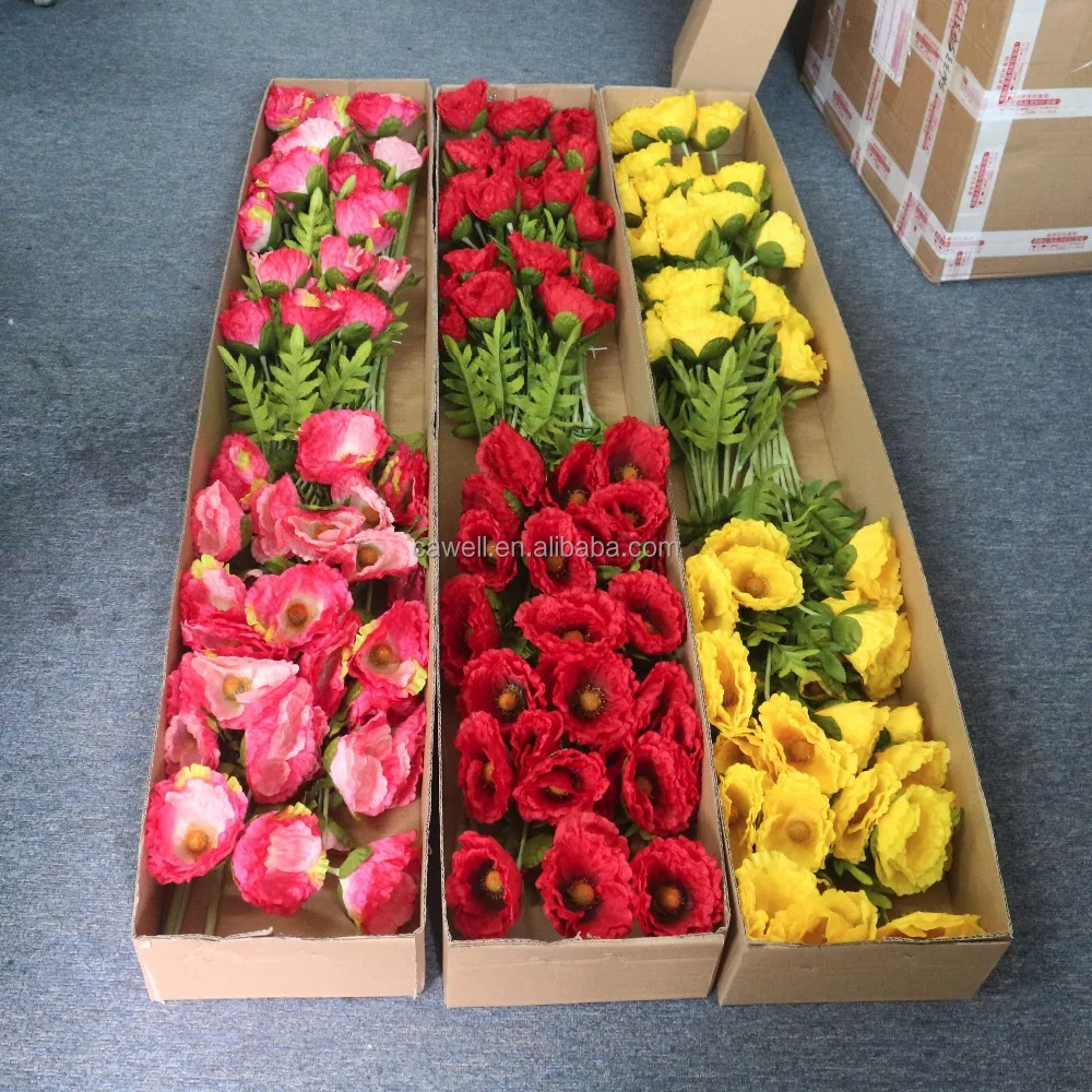 high quality wholesale real touch white red 5 heads big head silk plastic artificial poppy flower