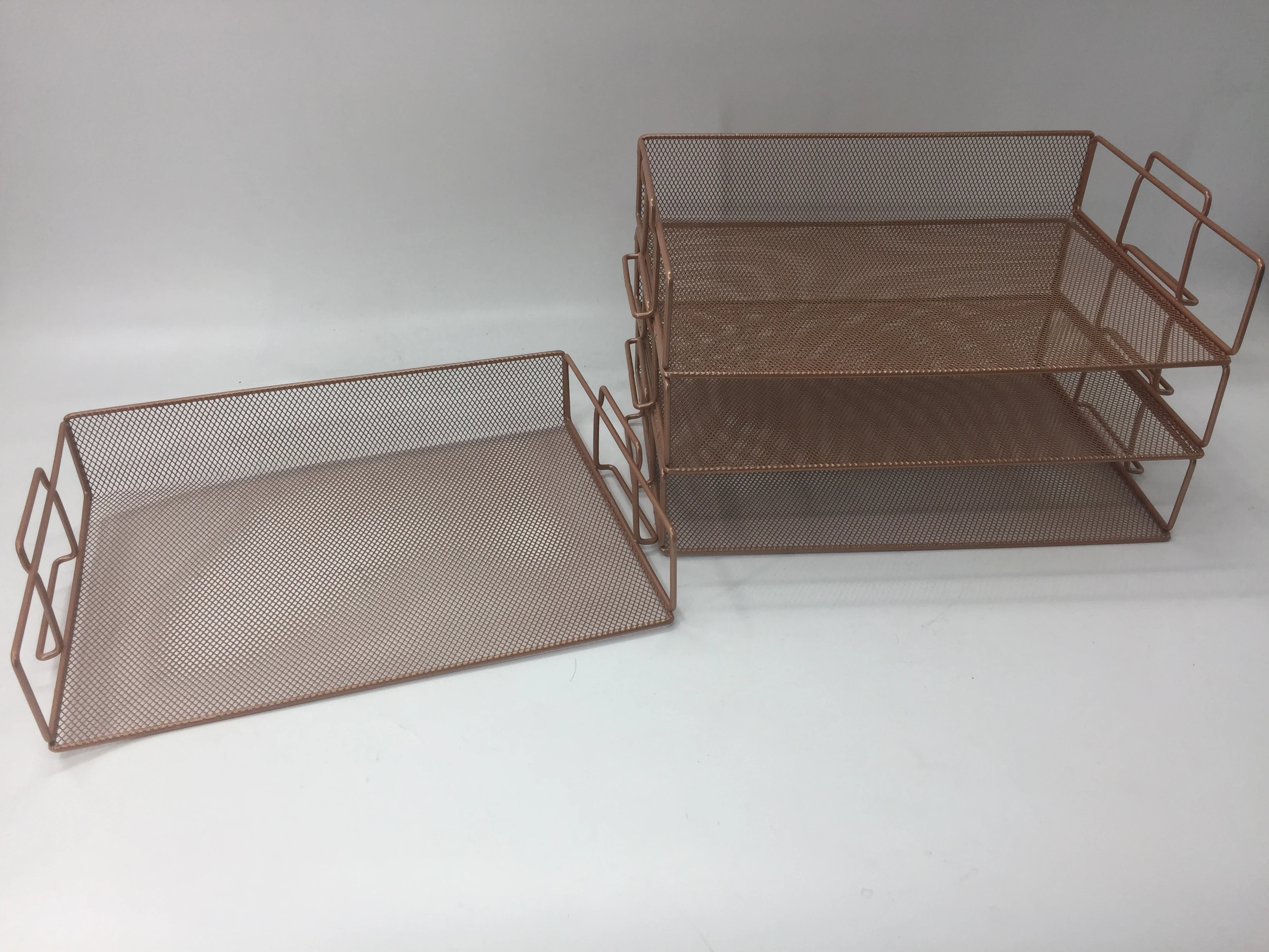 
Desk Supplies Organizer Rose Gold Desktop Metal Wire Mesh 4 tiers Stackable Paper Tray Organizer 
