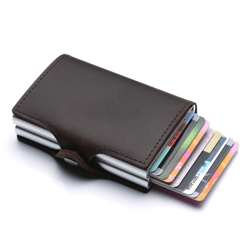 Credit Card Holder Genuine Leather Wallet With Two Aluminum RFID Blocking Holders Antimagnetic Boxes