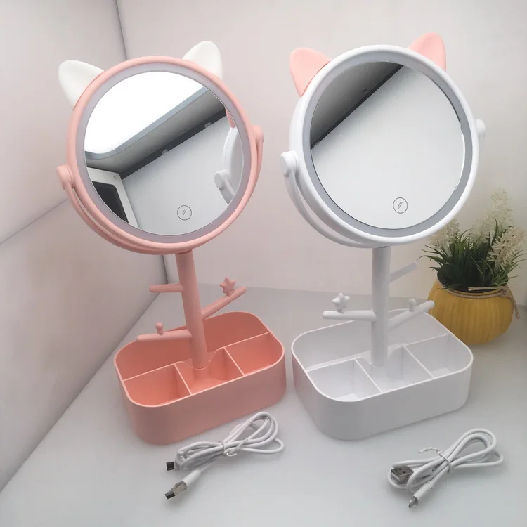 Hot Sale Cute Animal Ears 180 Degree Rotatable Plastic Makeup Desktop Cosmetic Led Mirror