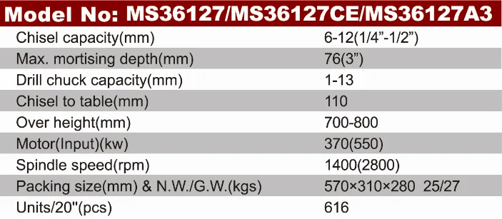 MS36127A3 mortiser wood machine, mortiser chisel bit, wood mortising machine