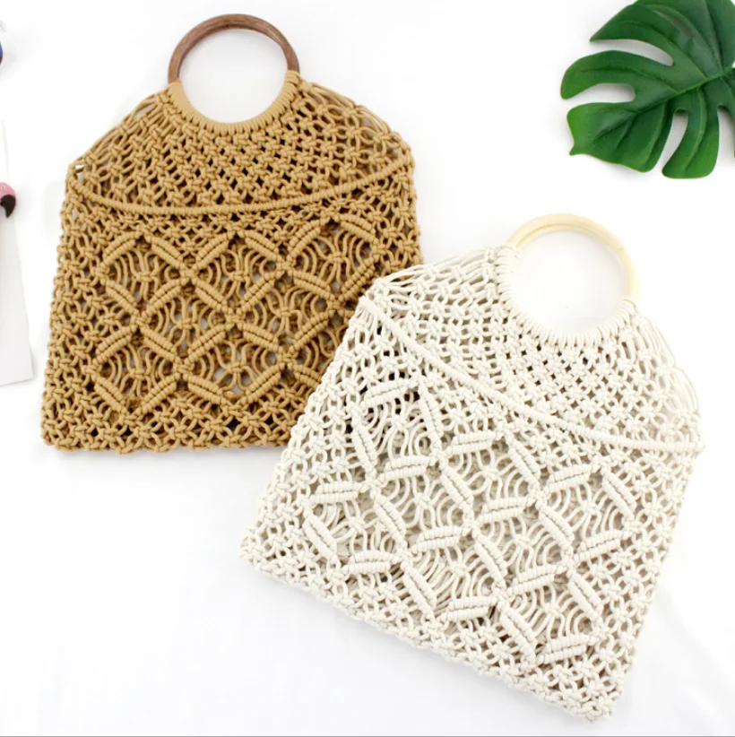 crochet tote bag straw bag with bamboo handles