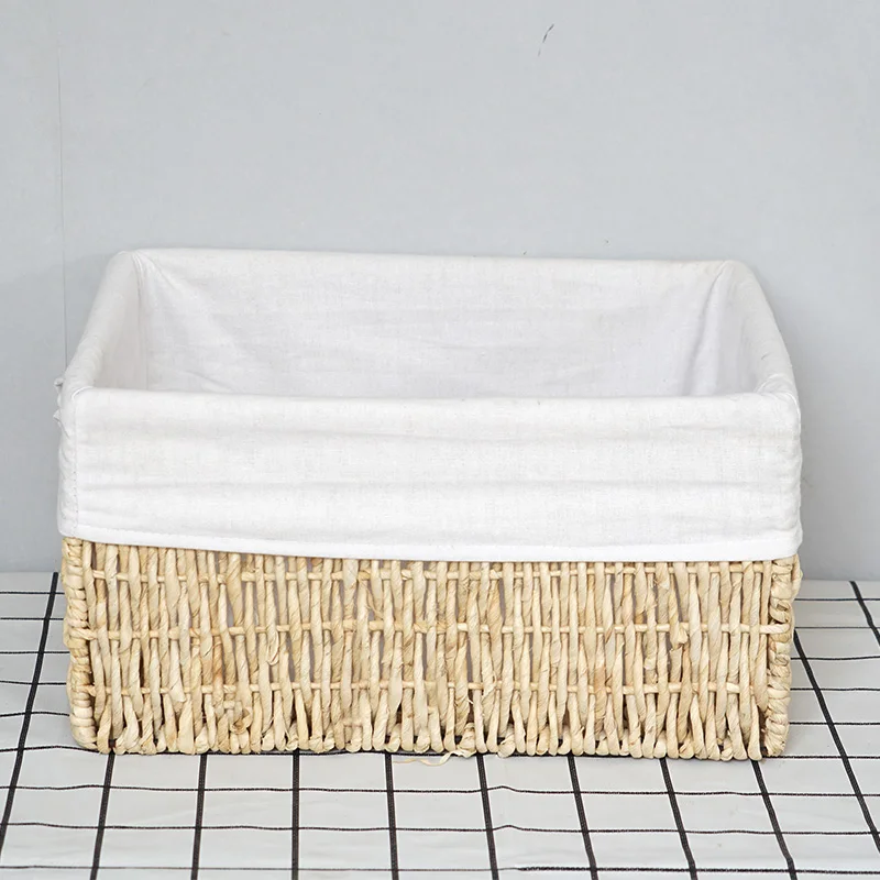 Eco-friendly Rectangle Bread Fruit Hand-woven Box of Food Chips Storage Basket Wooden Storage Basket with Fabric Lining