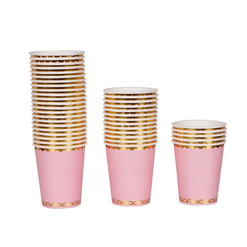 Wholesale New Hot Sell Disposable 250gsm  9 oz Pink Gold Border Paper Cups