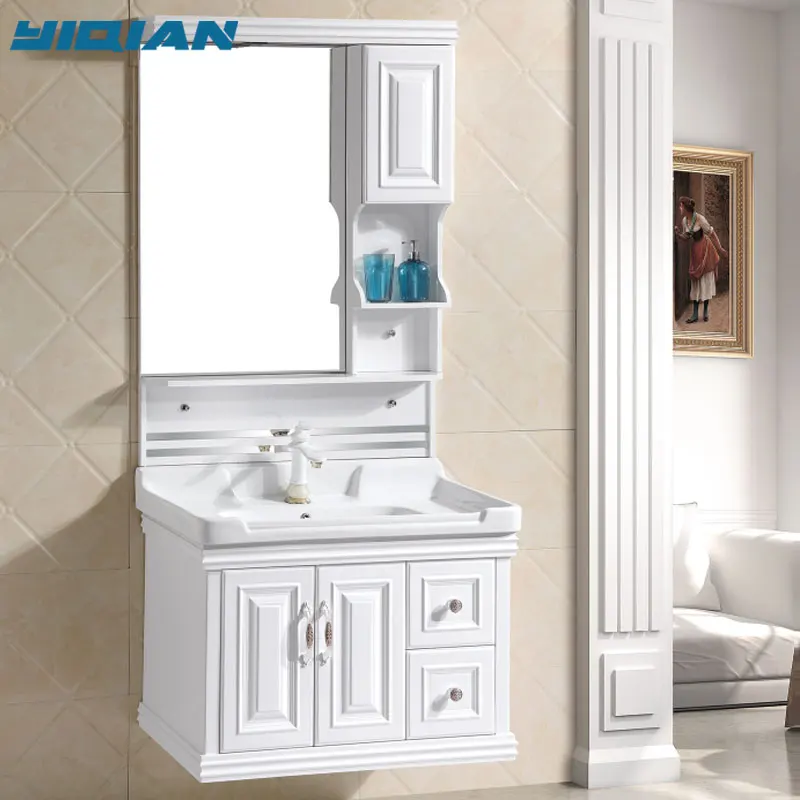 Modern Simple Wall Mounted White and Golden PVC Bathroom Wash Basin Vanity or Cabinet Furniture