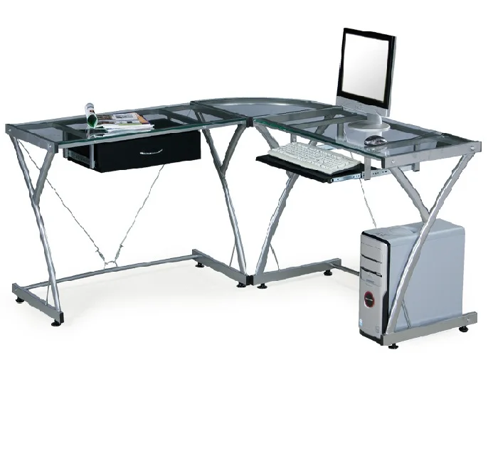 L Shape Metal Base Tempered Glass Computer Table Desk for Home Office