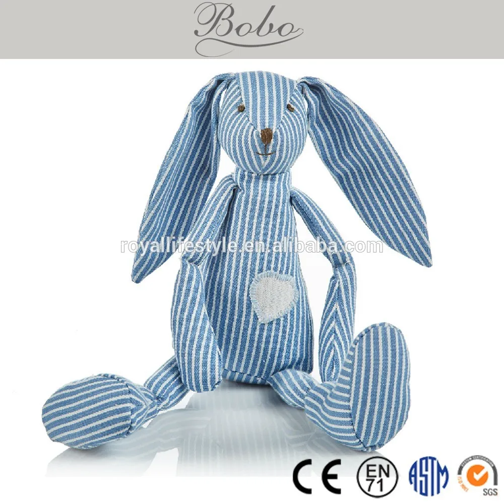 2015 милый чучело кролика плюшевые игрушки с emboridered нос& глаза на голубой полосой farbic тела