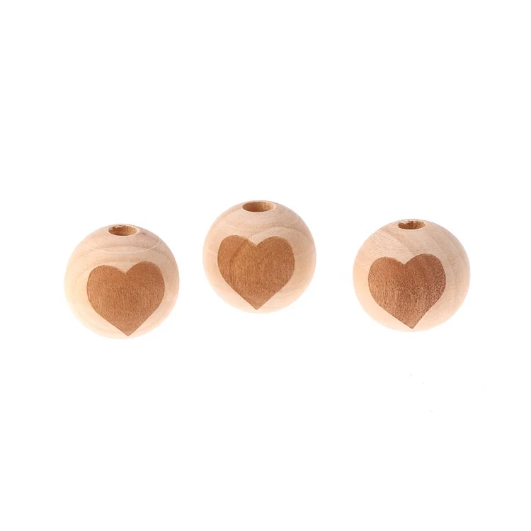 Wholesale Eco-Friendly Laser Engraving Heart Pattern Round Teething Beads Wood