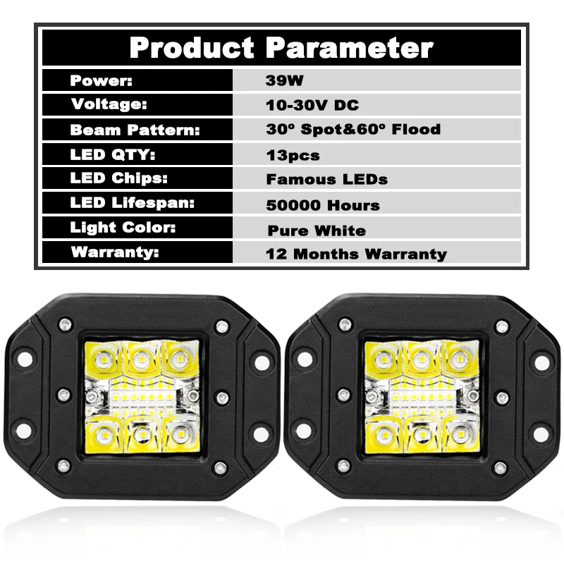 Off Road LED Work Light  5inch 39W Flush Mount Driving Fog Light Pods For Truck