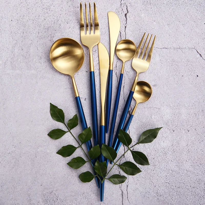 30% OFF Cupitol Style Matte Gold Knife&Spoon&fork Set with Bule Handle Portuguese Design Retro drawing knife and fork