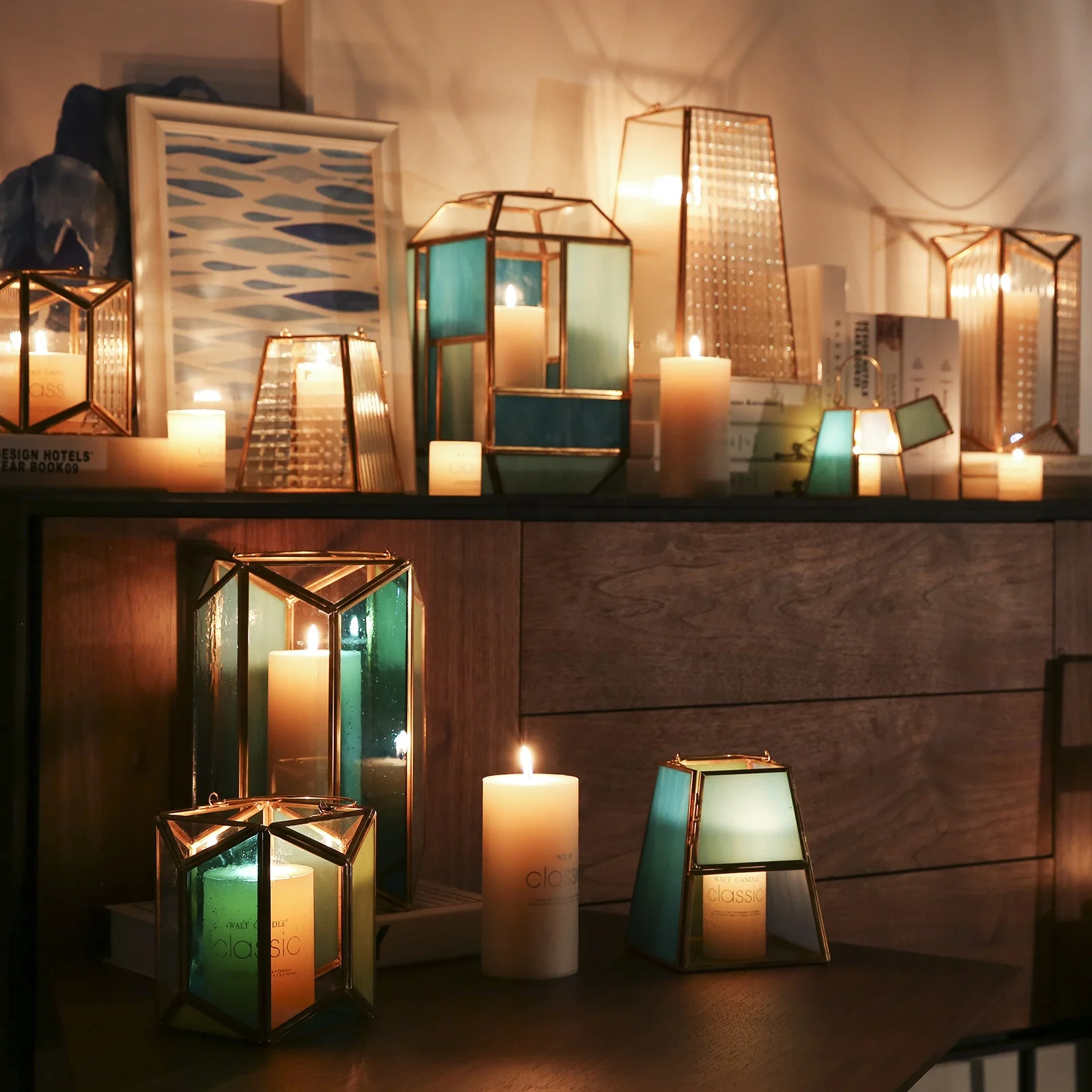 Bixuan Candle Lanterns Sea Blue Stained Church Glass Brass Frame Hanging Tea Light Holder Polyhedral Candle Lamp