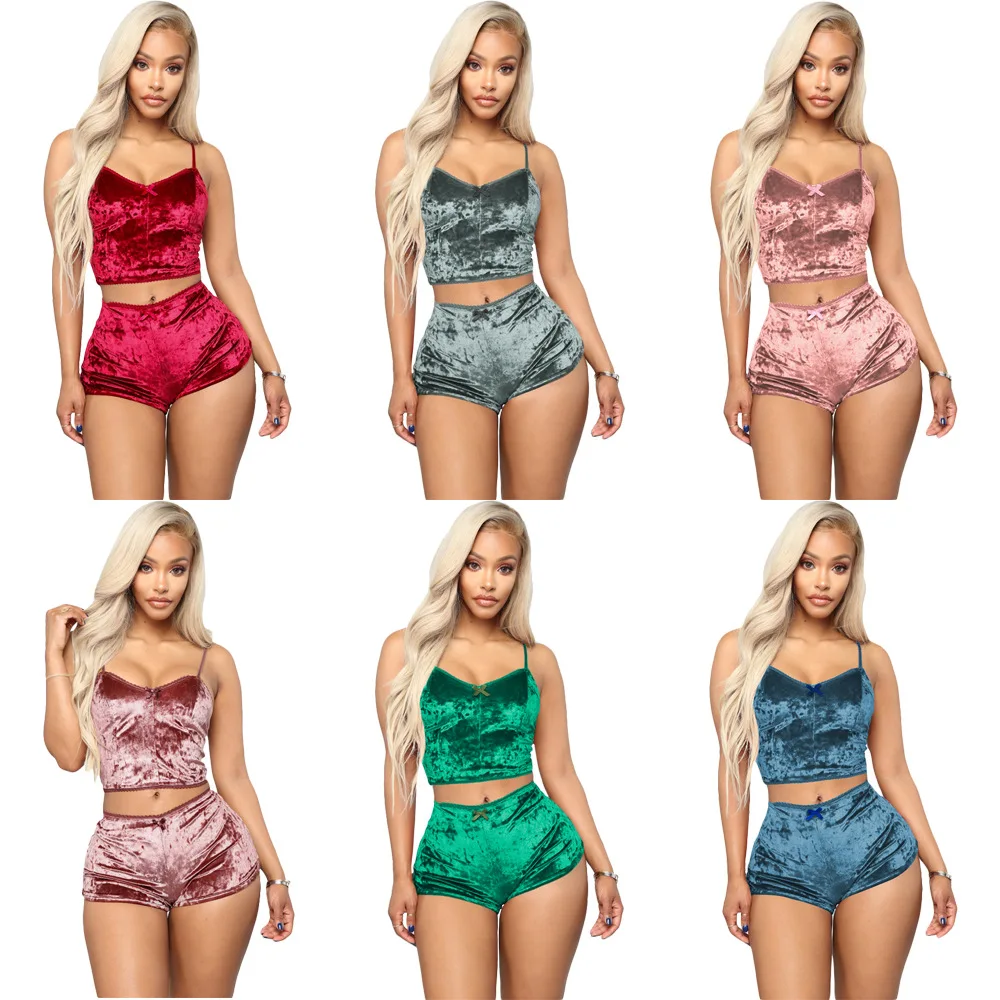
2020 New Arrivals Women Sexy Spaghetti Strap Sleeveless Crop Tops Vest And Mini Shorts Lace Side 2 Pieces Set Velvet Jumpsuit 