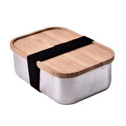 2021 800 1000 ml rectangle tableware air tight bamboo lid stainless steel lunchbox food container eco friendly with elastic belt