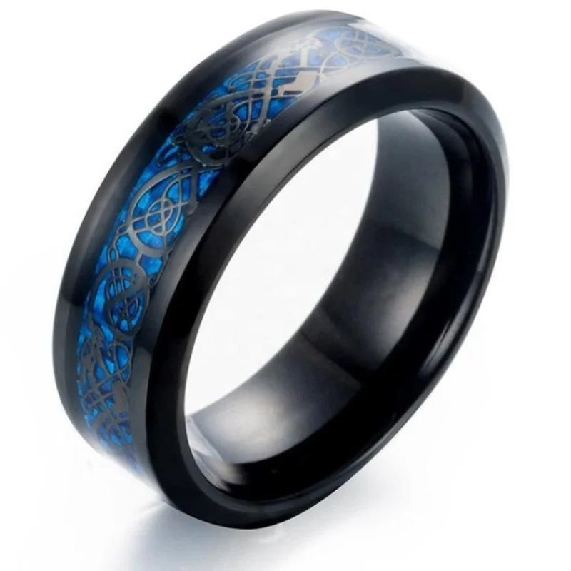 4 Colors Black Silver Gold Blue Carbon Fiber Dragon Inlay Rotate Titanium Mens Male Wedding Ring